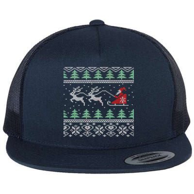 Santa's Retro Sleigh And Reindeer Ugly Christmas Sweater Flat Bill Trucker Hat