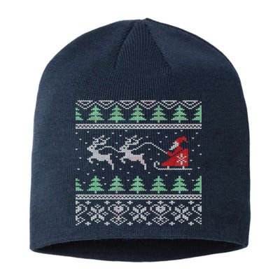 Santa's Retro Sleigh And Reindeer Ugly Christmas Sweater Sustainable Beanie