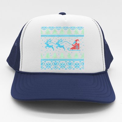 Santa's Retro Sleigh And Reindeer Ugly Christmas Sweater Trucker Hat