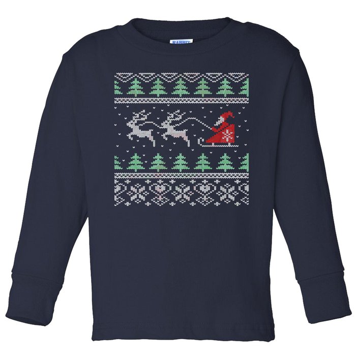 Santa's Retro Sleigh And Reindeer Ugly Christmas Sweater Toddler Long Sleeve Shirt