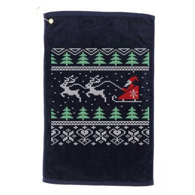 Santa's Retro Sleigh And Reindeer Ugly Christmas Sweater Golf Towel