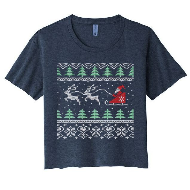 Santa's Retro Sleigh And Reindeer Ugly Christmas Sweater Crop Top