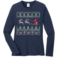 Santa's Retro Sleigh And Reindeer Ugly Christmas Sweater Ladies Long Sleeve Shirt