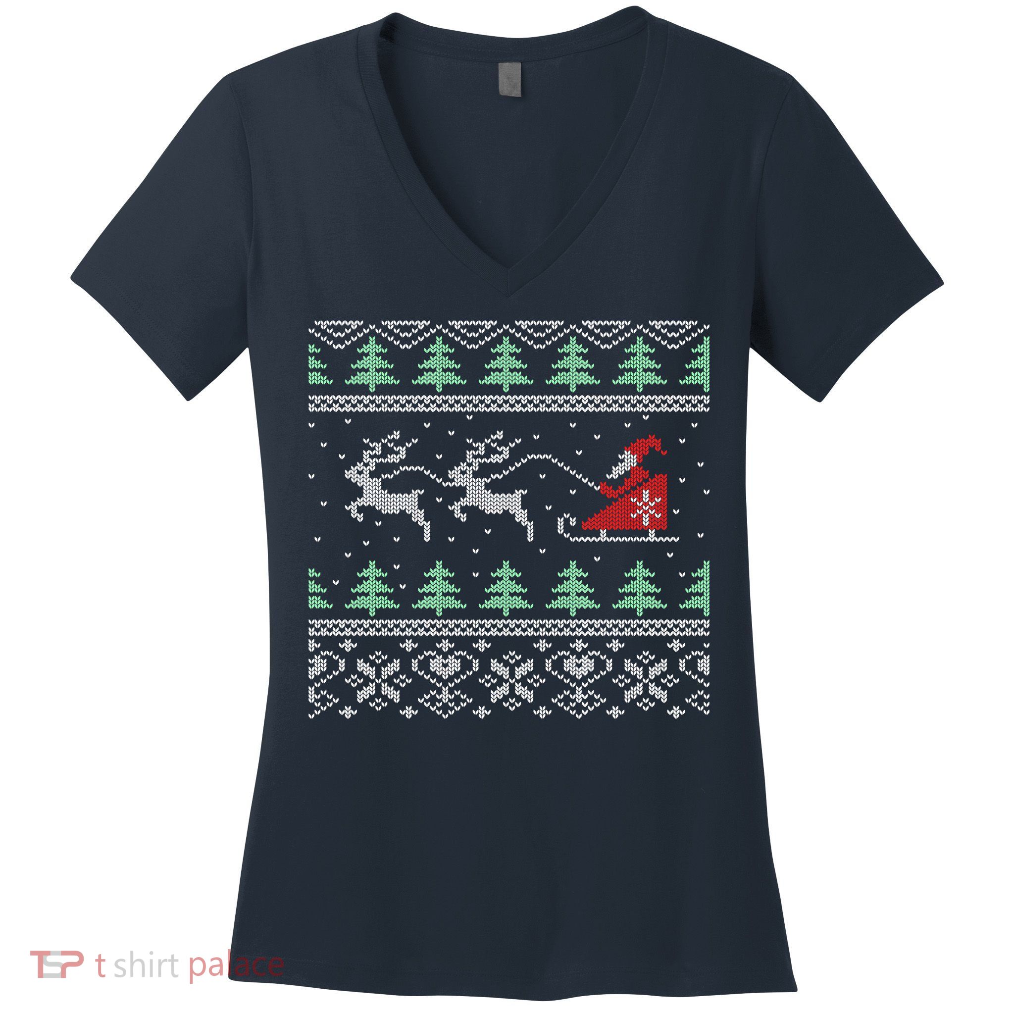 Santa's Retro Sleigh And Reindeer Ugly Christmas Sweater Women's V-Neck T-Shirt
