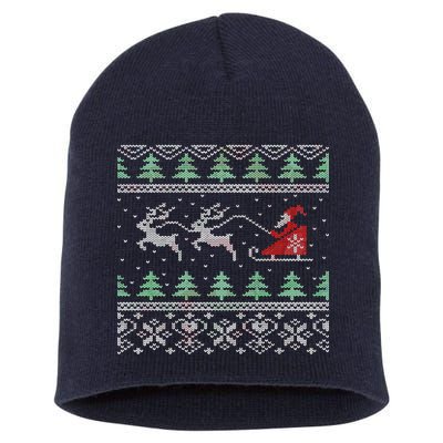 Santa's Retro Sleigh And Reindeer Ugly Christmas Sweater Short Acrylic Beanie