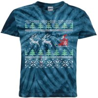 Santa's Retro Sleigh And Reindeer Ugly Christmas Sweater Kids Tie-Dye T-Shirt