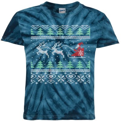 Santa's Retro Sleigh And Reindeer Ugly Christmas Sweater Kids Tie-Dye T-Shirt