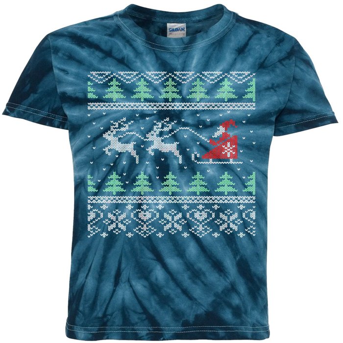 Santa's Retro Sleigh And Reindeer Ugly Christmas Sweater Kids Tie-Dye T-Shirt