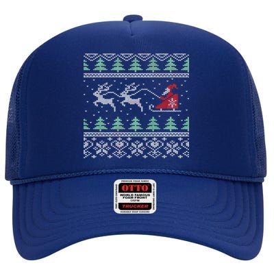 Santa's Retro Sleigh And Reindeer Ugly Christmas Sweater High Crown Mesh Back Trucker Hat