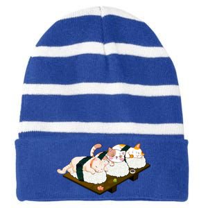 Sushi Anime Otaku Cat Kawaii Japanese Food Cat Lovers Gift Striped Beanie with Solid Band