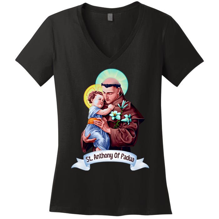 St Anthony Of Padua Holding Jesus Catholic Saint St Anthony Women's V-Neck T-Shirt