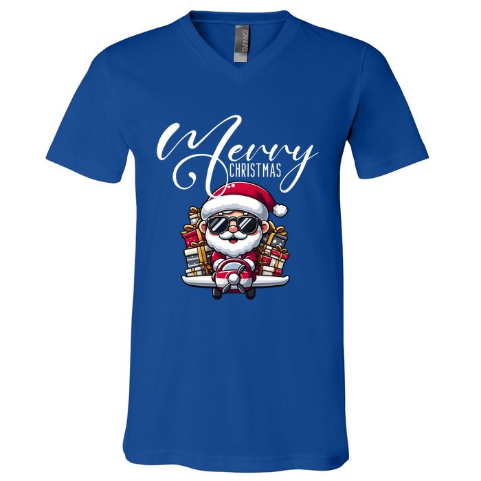 Santa And Plane Funny Merry Christmas Cute Xmas Great Gift V-Neck T-Shirt