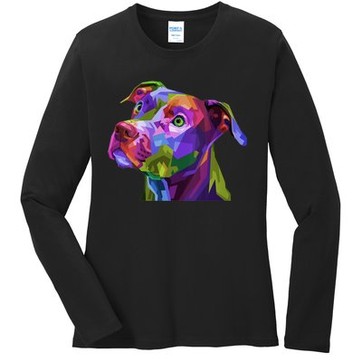 S American Pitbull Terrier Pop Art Portrait For Dog Owners Vneck Ladies Long Sleeve Shirt