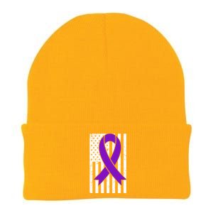 Sarcoidosis Awareness Purple Ribbon American Flag Graphic Knit Cap Winter Beanie