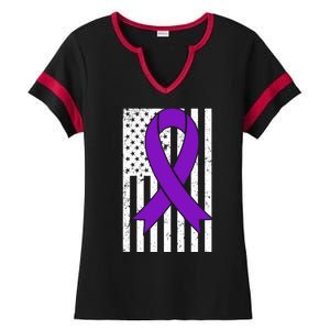 Sarcoidosis Awareness Purple Ribbon American Flag Graphic Ladies Halftime Notch Neck Tee