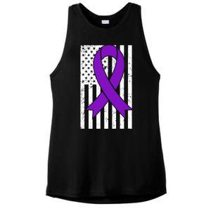 Sarcoidosis Awareness Purple Ribbon American Flag Graphic Ladies PosiCharge Tri-Blend Wicking Tank