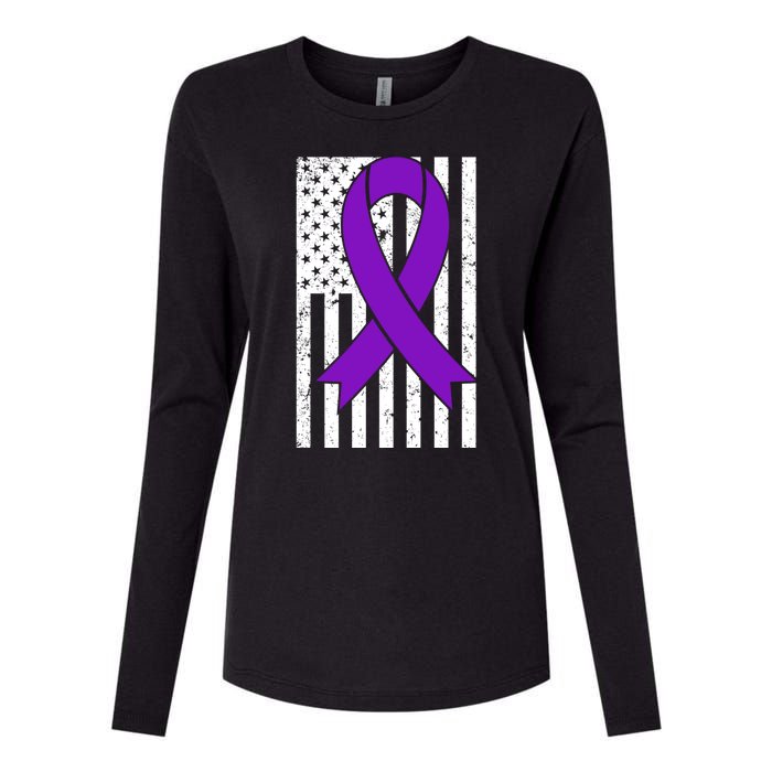 Sarcoidosis Awareness Purple Ribbon American Flag Graphic Womens Cotton Relaxed Long Sleeve T-Shirt