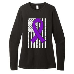 Sarcoidosis Awareness Purple Ribbon American Flag Graphic Womens CVC Long Sleeve Shirt