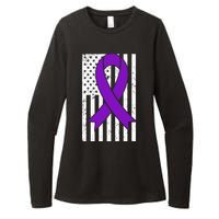 Sarcoidosis Awareness Purple Ribbon American Flag Graphic Womens CVC Long Sleeve Shirt