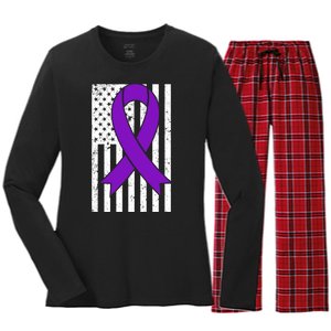 Sarcoidosis Awareness Purple Ribbon American Flag Graphic Women's Long Sleeve Flannel Pajama Set 