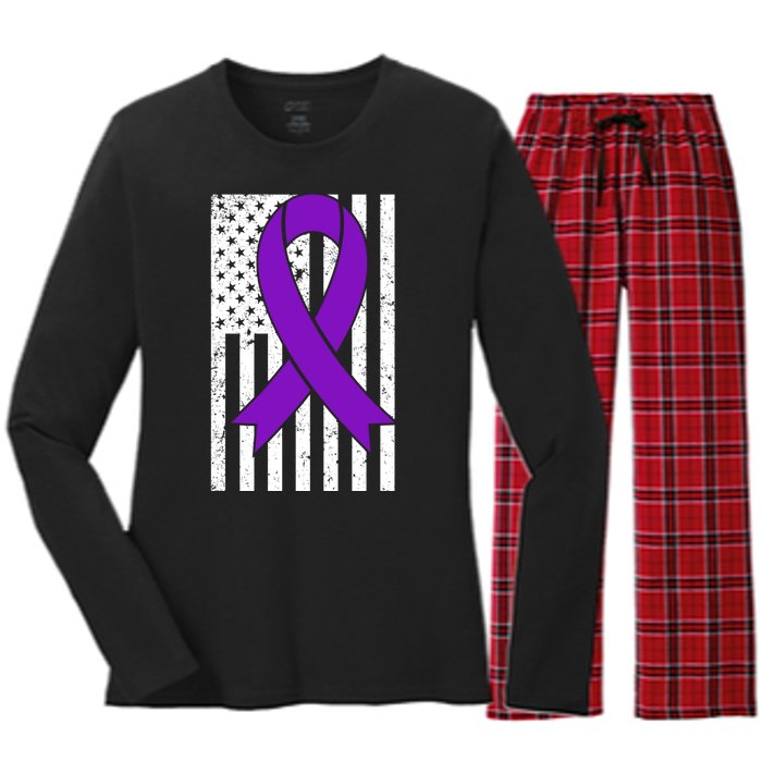 Sarcoidosis Awareness Purple Ribbon American Flag Graphic Women's Long Sleeve Flannel Pajama Set 