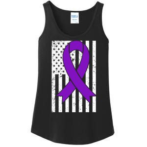 Sarcoidosis Awareness Purple Ribbon American Flag Graphic Ladies Essential Tank