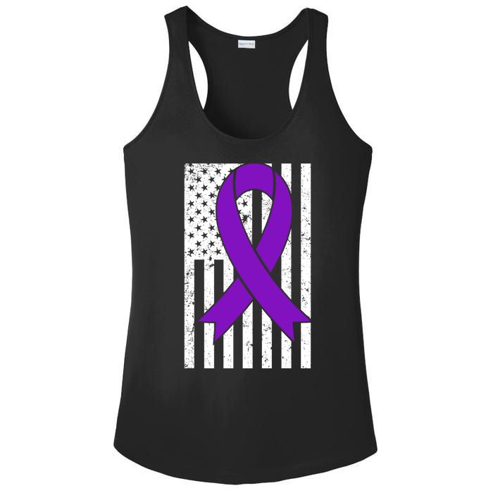 Sarcoidosis Awareness Purple Ribbon American Flag Graphic Ladies PosiCharge Competitor Racerback Tank