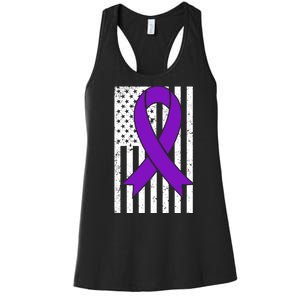 Sarcoidosis Awareness Purple Ribbon American Flag Graphic Women's Racerback Tank