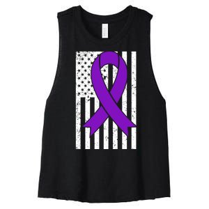 Sarcoidosis Awareness Purple Ribbon American Flag Graphic Women's Racerback Cropped Tank