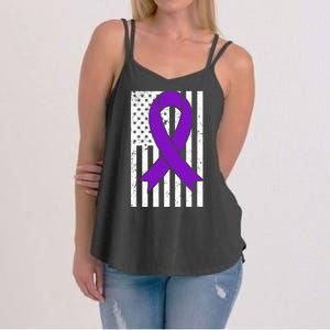 Sarcoidosis Awareness Purple Ribbon American Flag Graphic Women's Strappy Tank