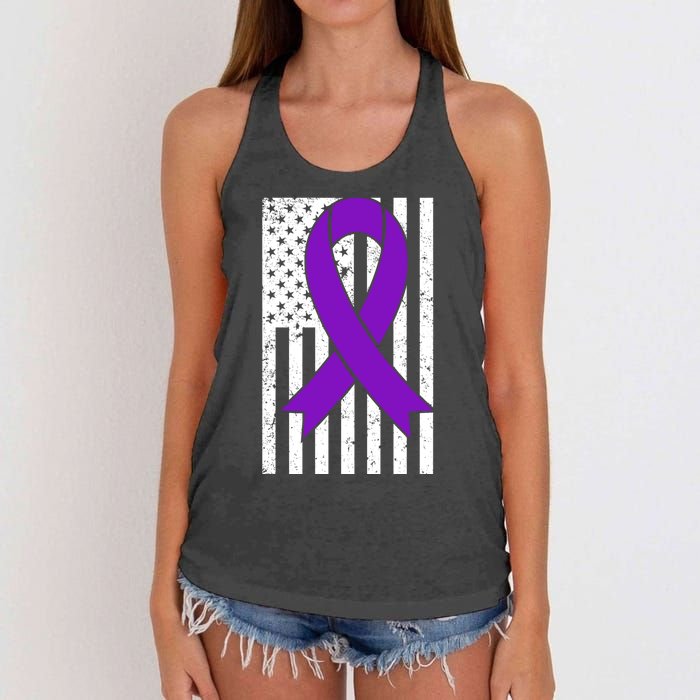 Sarcoidosis Awareness Purple Ribbon American Flag Graphic Women's Knotted Racerback Tank