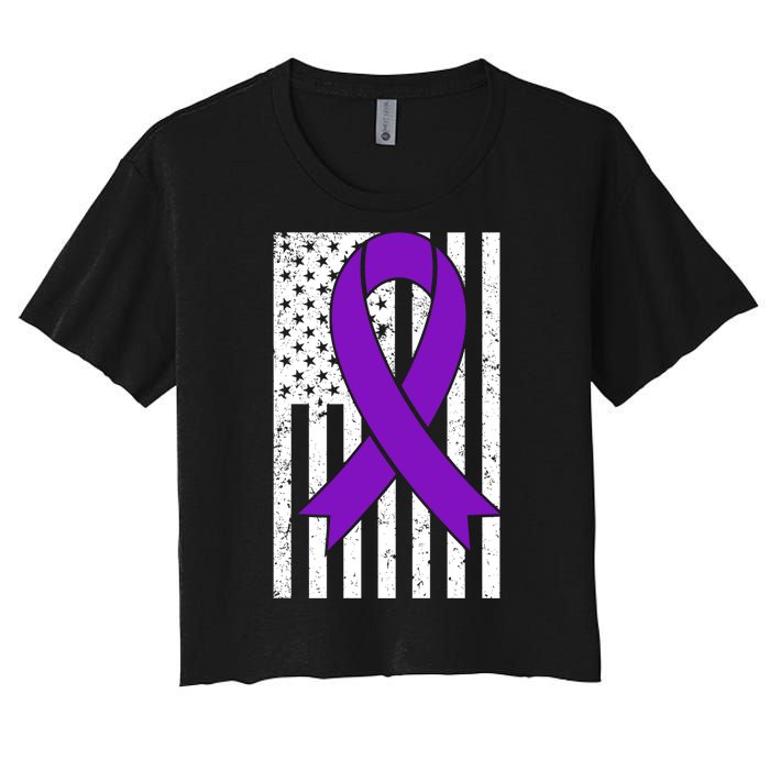 Sarcoidosis Awareness Purple Ribbon American Flag Graphic Women's Crop Top Tee