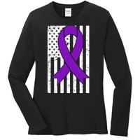 Sarcoidosis Awareness Purple Ribbon American Flag Graphic Ladies Long Sleeve Shirt