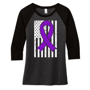 Sarcoidosis Awareness Purple Ribbon American Flag Graphic Women's Tri-Blend 3/4-Sleeve Raglan Shirt