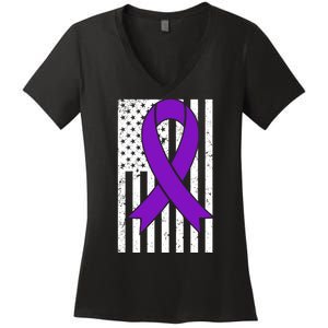 Sarcoidosis Awareness Purple Ribbon American Flag Graphic Women's V-Neck T-Shirt