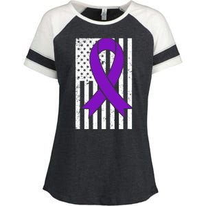 Sarcoidosis Awareness Purple Ribbon American Flag Graphic Enza Ladies Jersey Colorblock Tee