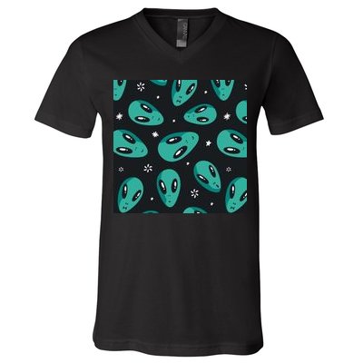 Space Alien Pattern V-Neck T-Shirt