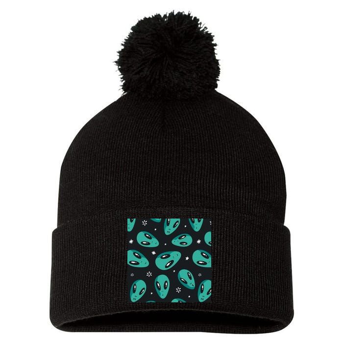 Space Alien Pattern Pom Pom 12in Knit Beanie