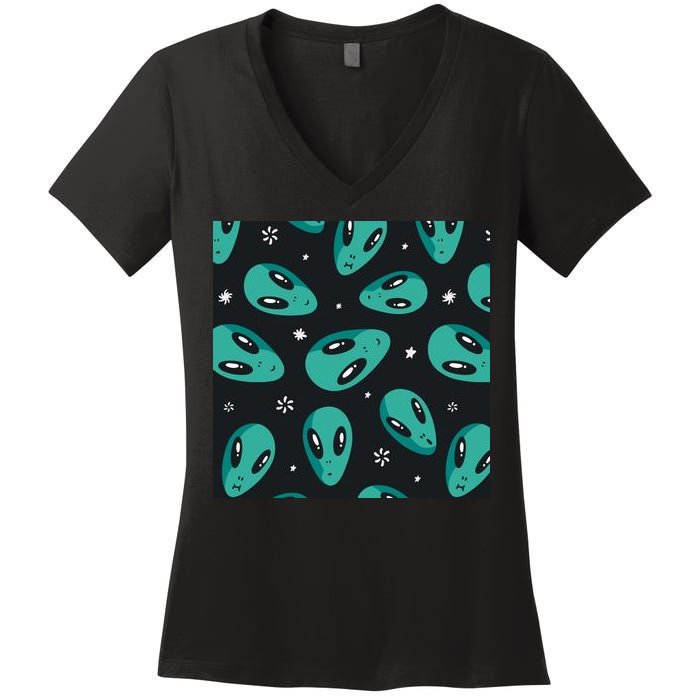 Space Alien Pattern Women's V-Neck T-Shirt