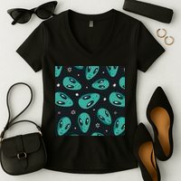 Space Alien Pattern Women's V-Neck T-Shirt