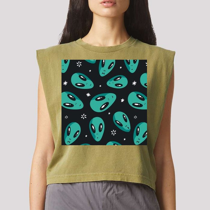 Space Alien Pattern Garment-Dyed Women's Muscle Tee