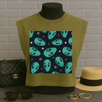 Space Alien Pattern Garment-Dyed Women's Muscle Tee