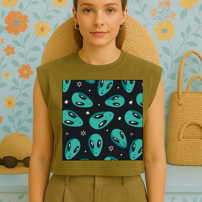 Space Alien Pattern Garment-Dyed Women's Muscle Tee