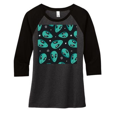 Space Alien Pattern Women's Tri-Blend 3/4-Sleeve Raglan Shirt