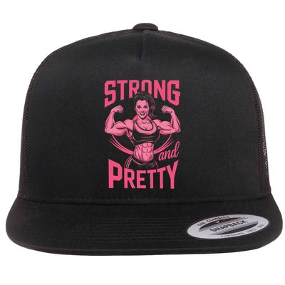 Strong And Pretty Women Powerlifting Weightlifting Workout Flat Bill Trucker Hat
