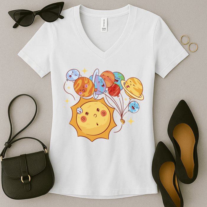 Sun And Planets Cute Galaxy Women's V-Neck T-Shirt