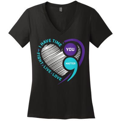 Suicide Awareness Prevention Heart Semi Colon You Matter Women's V-Neck T-Shirt