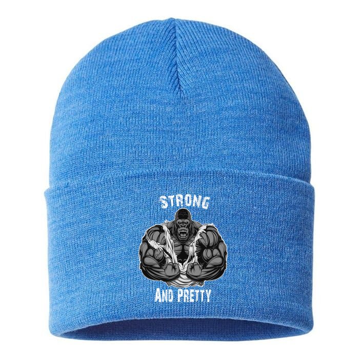 Strong And Pretty Funny Gym Workout Training Bodybuilding Gift Sustainable Knit Beanie