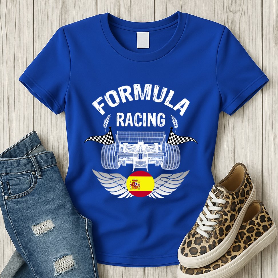 Spanish Auto Race Spain Flag Formula Racing Car Blueprint Gift Womens T-Shirt