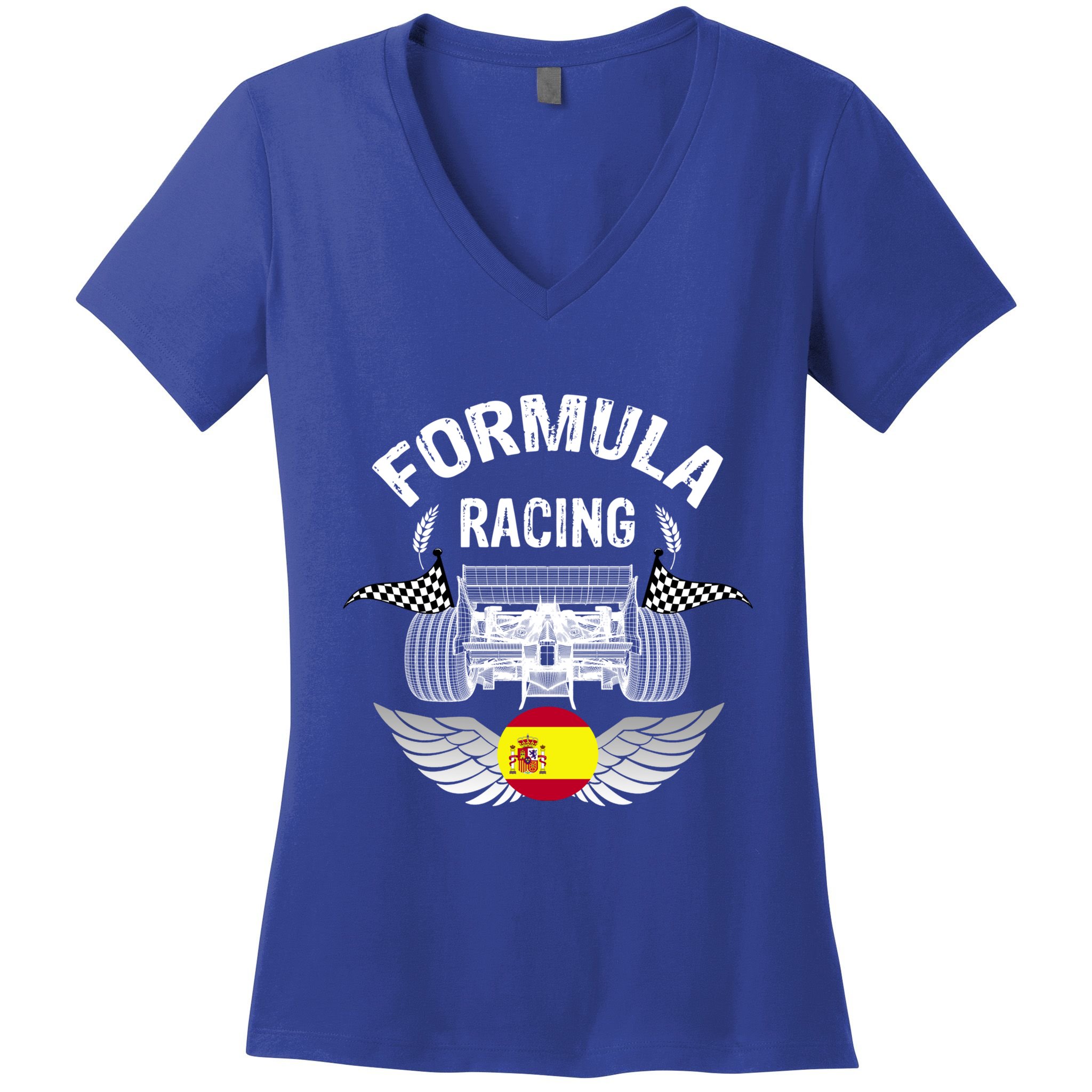 Spanish Auto Race Spain Flag Formula Racing Car Blueprint Gift Women's V-Neck T-Shirt